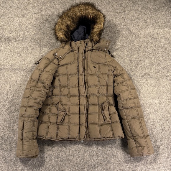 VTG Y2K Abercrombie Fitch Jacket Womens Medium Brown Faux Fur Hooded Down Puffer